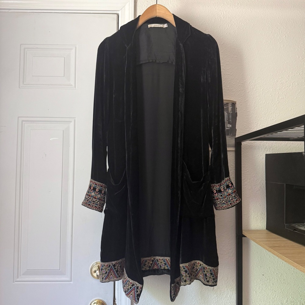 JOHNNY WAS black rayon silk velvet velour embroidered buttonless duster cardigan